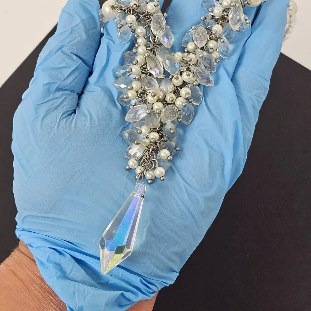 Crystal Faceted Glass Faux Pearl Cluster Y Statement Necklace Prism Drippy‎ Bead
